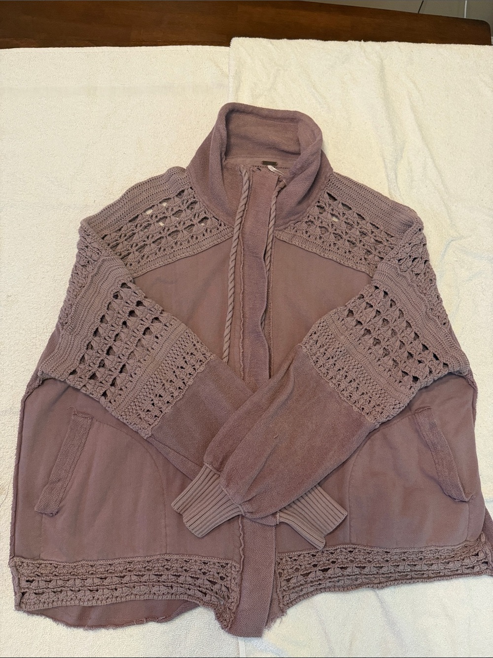 Free People Crochet-Trim Cowl Neck Sweater Jacket - Dusty Mauve